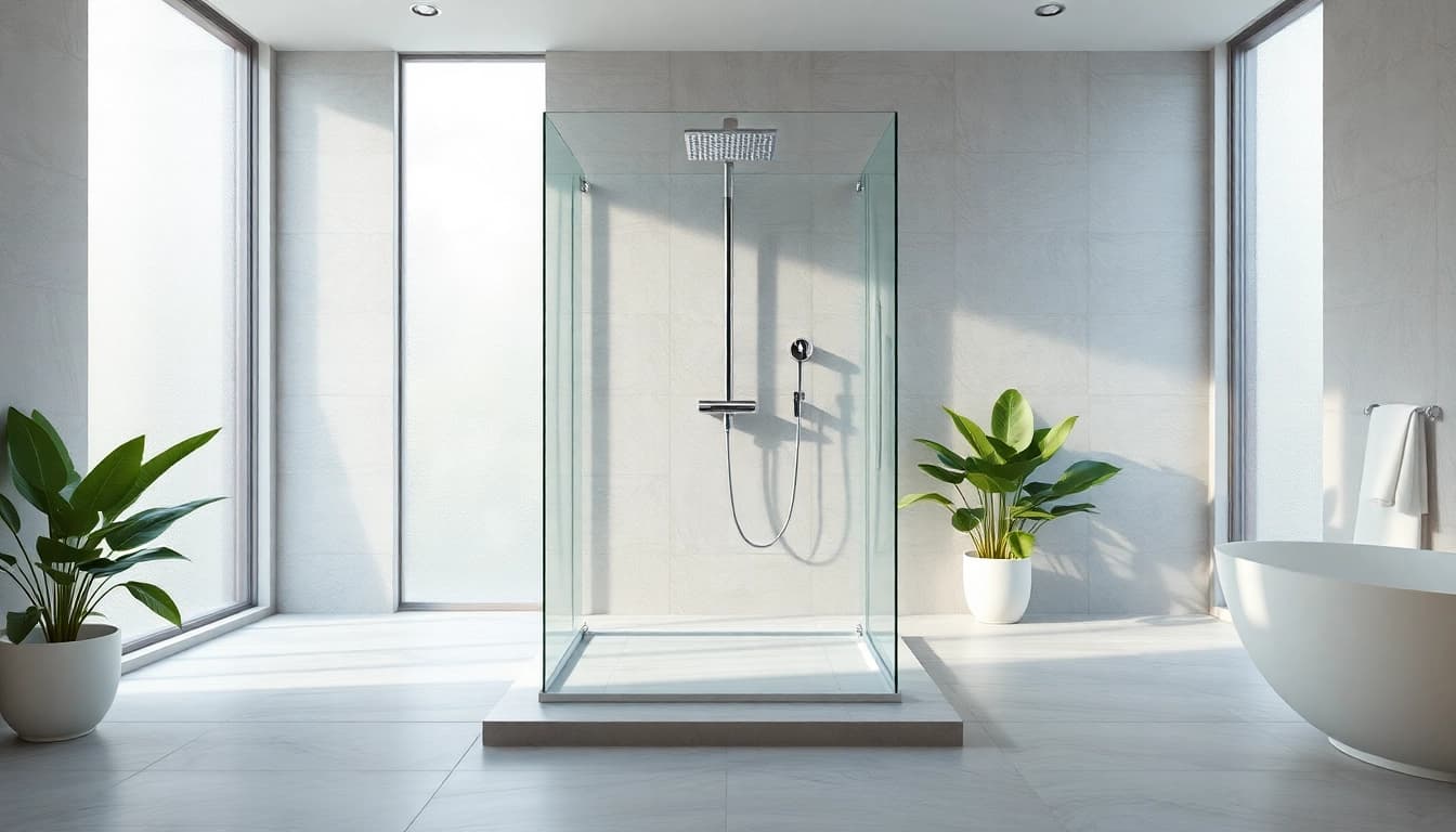 Experience elegant showers with a modern chrome shower in a serene, luxurious bathroom setting.