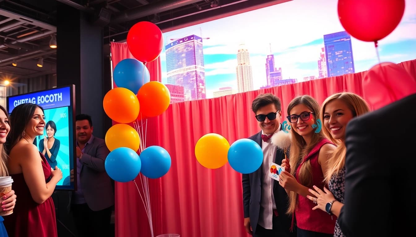 Guests enjoying a vibrant photo booth rental Chicago experience with fun props and a skyline backdrop.