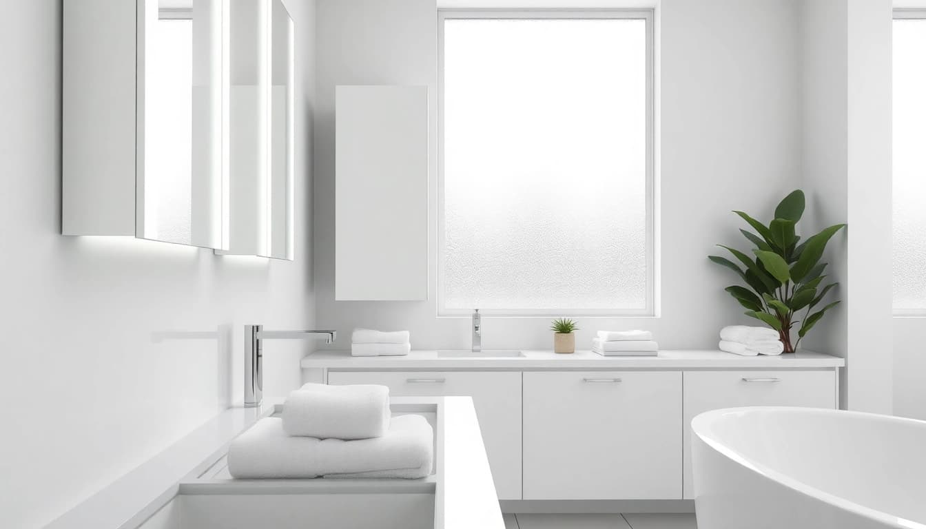 Stylish illuminated bathroom cabinets with modern design and natural light.