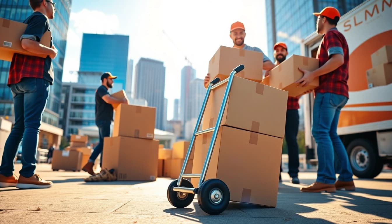 Calgary movers efficiently manage boxes while showcasing teamwork against the city skyline.