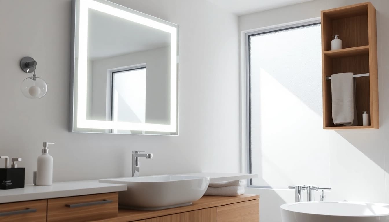 Reflective LED mirror showcasing stylish design and luminous lights in a serene bathroom setting.