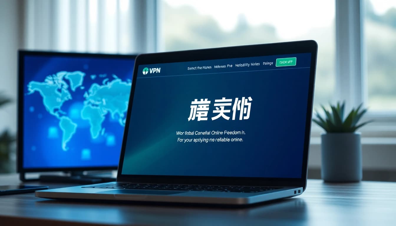 在专业工作区的笔记本电脑上显示的快连 VPN 网站，象征全球互联。