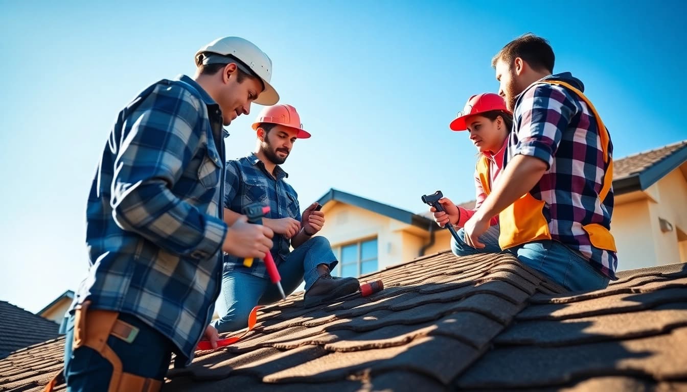 Expert team from a roofing company performing roof inspection on a sunny day.