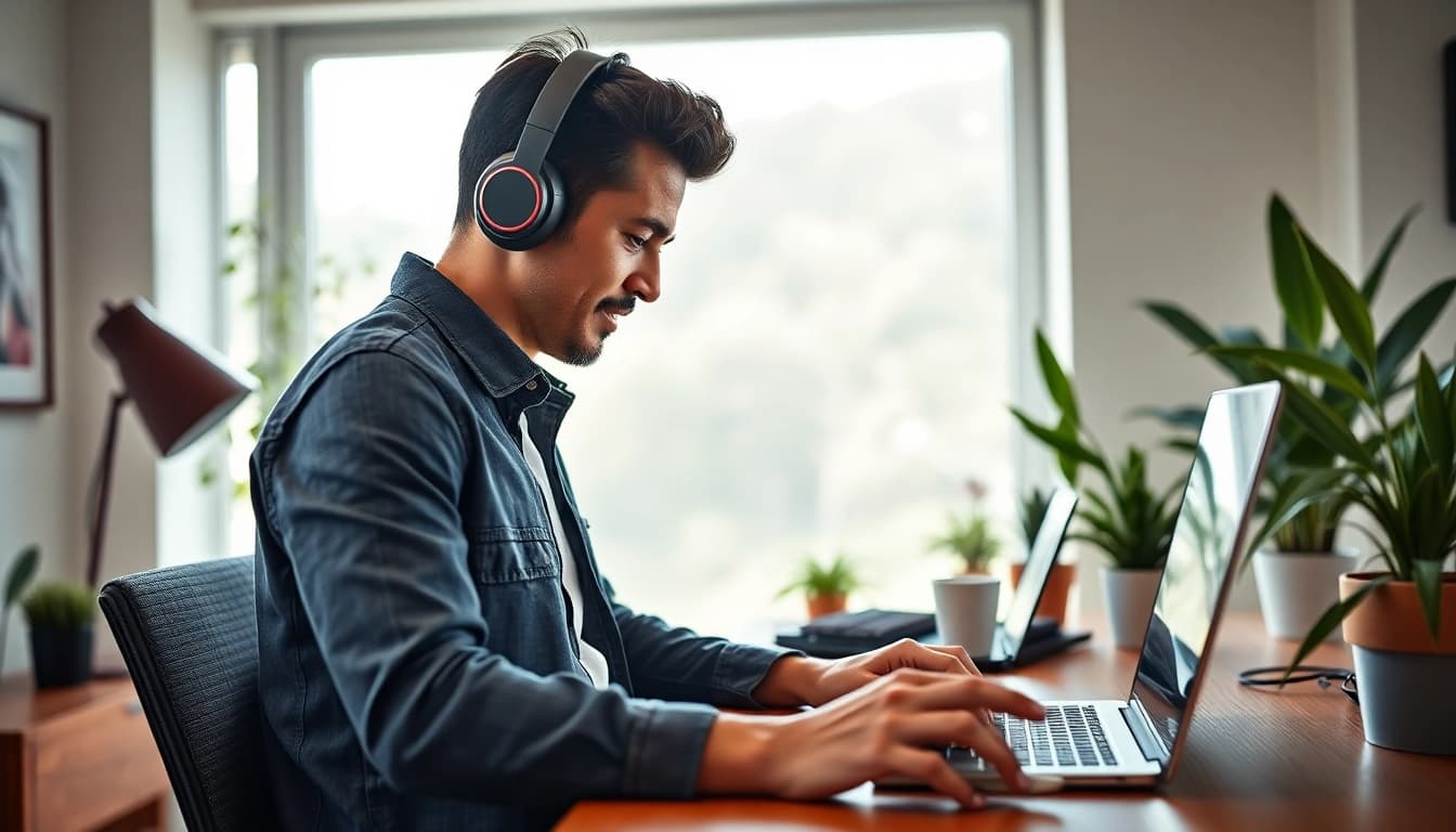 Experience high-quality sound with Shokz headphones in an inviting home office setting.