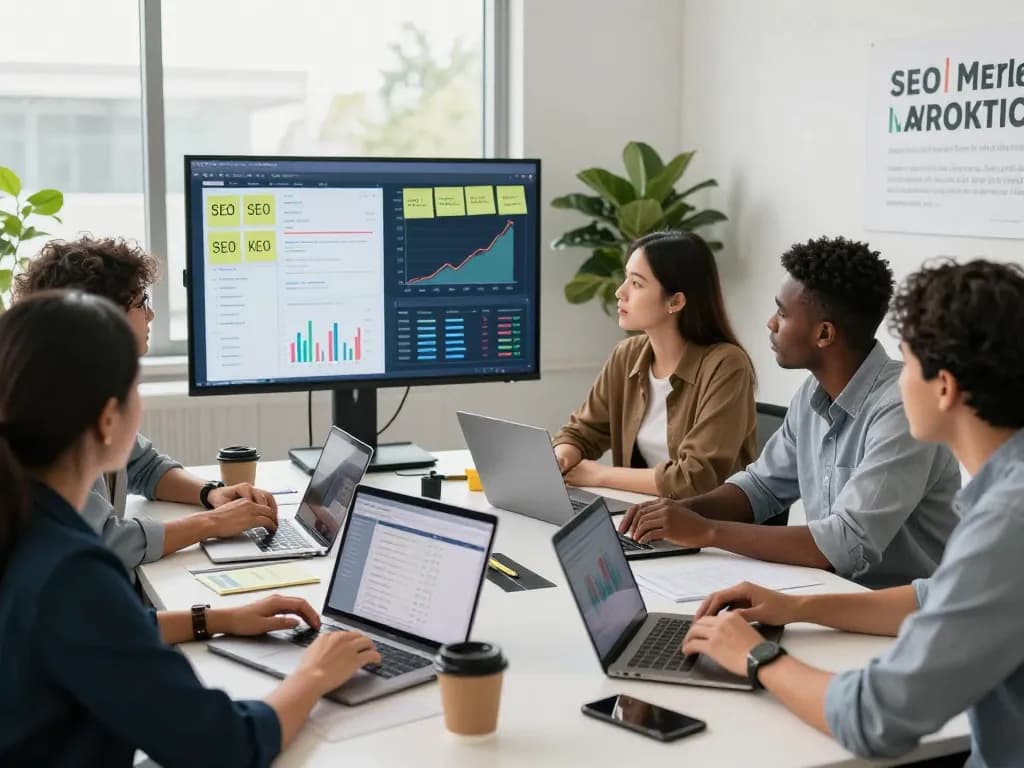 Team collaborating on group buy SEO tools strategies in a modern office setting