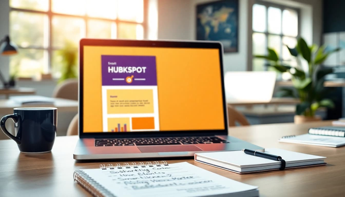 Create an engaging hubspot marketing email in a vibrant office setup.