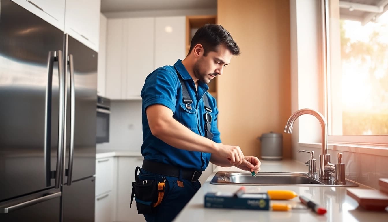 Find a reliable plumber near me fixing a modern kitchen sink with expertise.