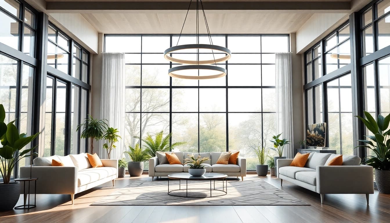Shop ModernLighting with a contemporary fixture illuminating a stylish living room.