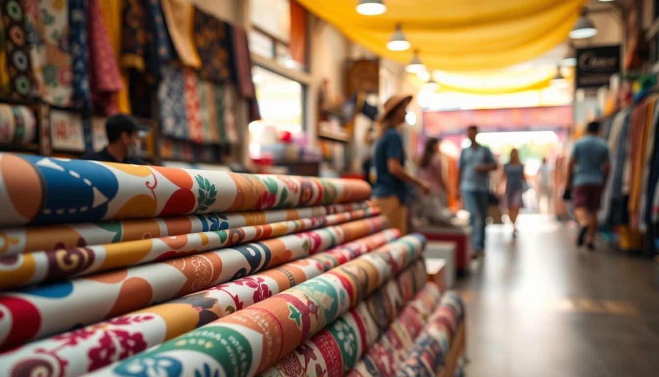 Bekijk bedrukte stoffen kopen in een kleurrijke marktscène met verschillende texturen.