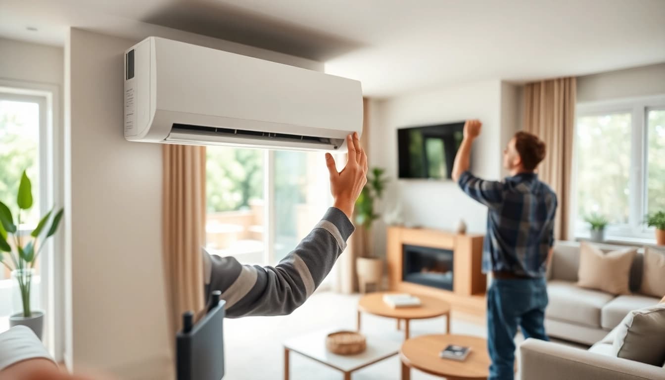 Install a mini split ac in a stylish living room, showcasing modern design and comfort.