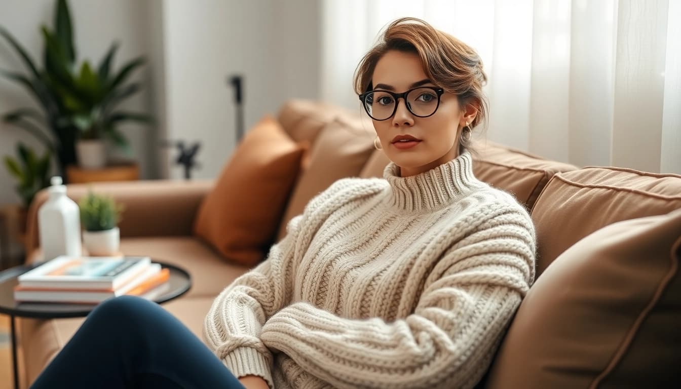 Model showcasing stylish sweaters in a cozy indoor setting, emphasizing texture and comfort.