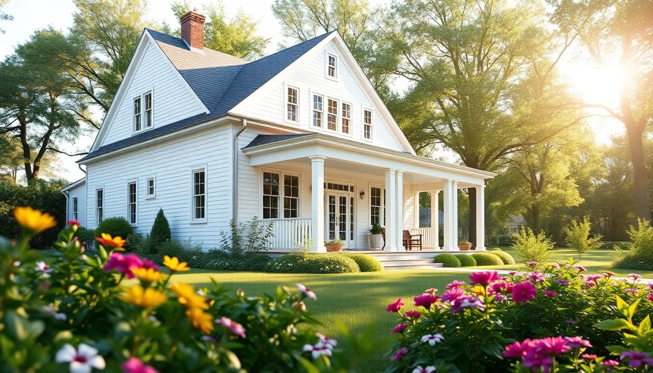 Colonial addition showcasing classic architecture with a bright garden setting.