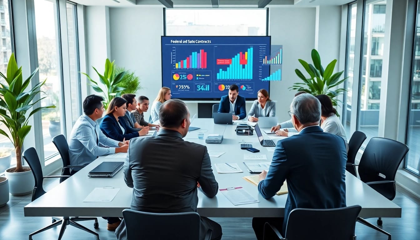 Team collaborating on Federal and State contracts in a modern office environment.