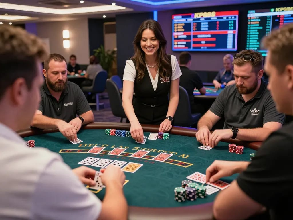 Experience live blackjack action at kp88s with dealers shuffling cards and players placing bets in an engaging casino setting