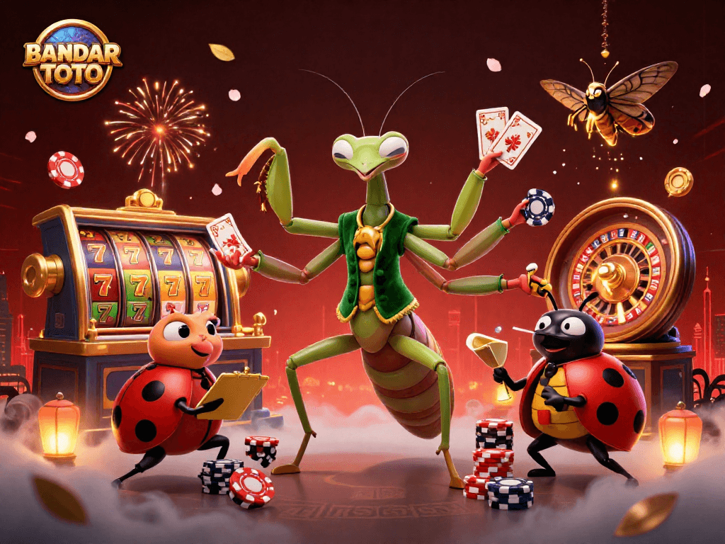 BANDAR TOTO's lively scene features a unique praying mantis card sharp and ladybug pit boss engaging players with dynamic casino elements.