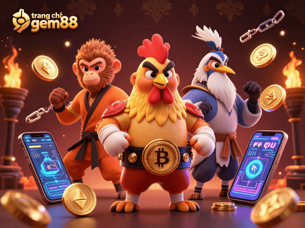 Engage with the vibrant world of trang chủ gem88 featuring a dynamic 3D illustration of unique casino characters and crypto elements.