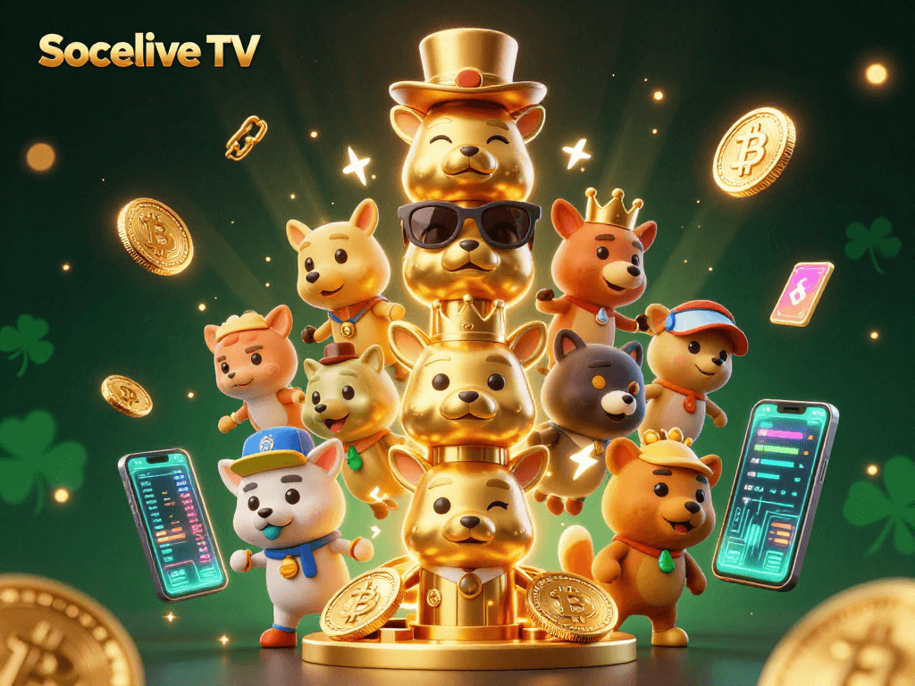 Socolive TV showcases a vibrant 3D scene of a whimsical totem pole with casino elements and crypto coins.