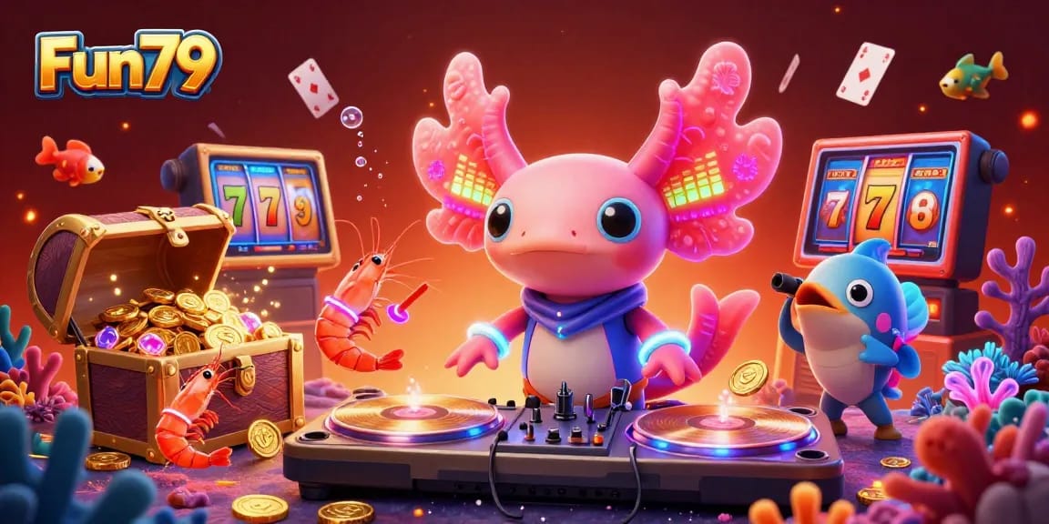 Experience the vibrant fun of Fun79 with a neon axolotl DJ and immersive casino elements.