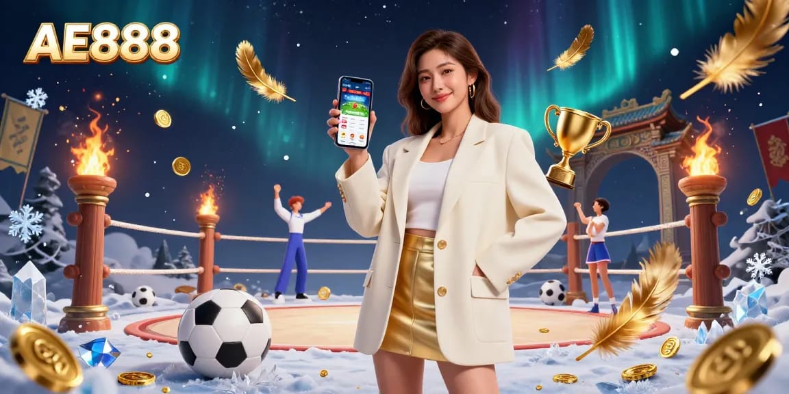 Engage with AE888 as a beautiful Asian woman showcases a sports betting app amid gambling-themed elements.