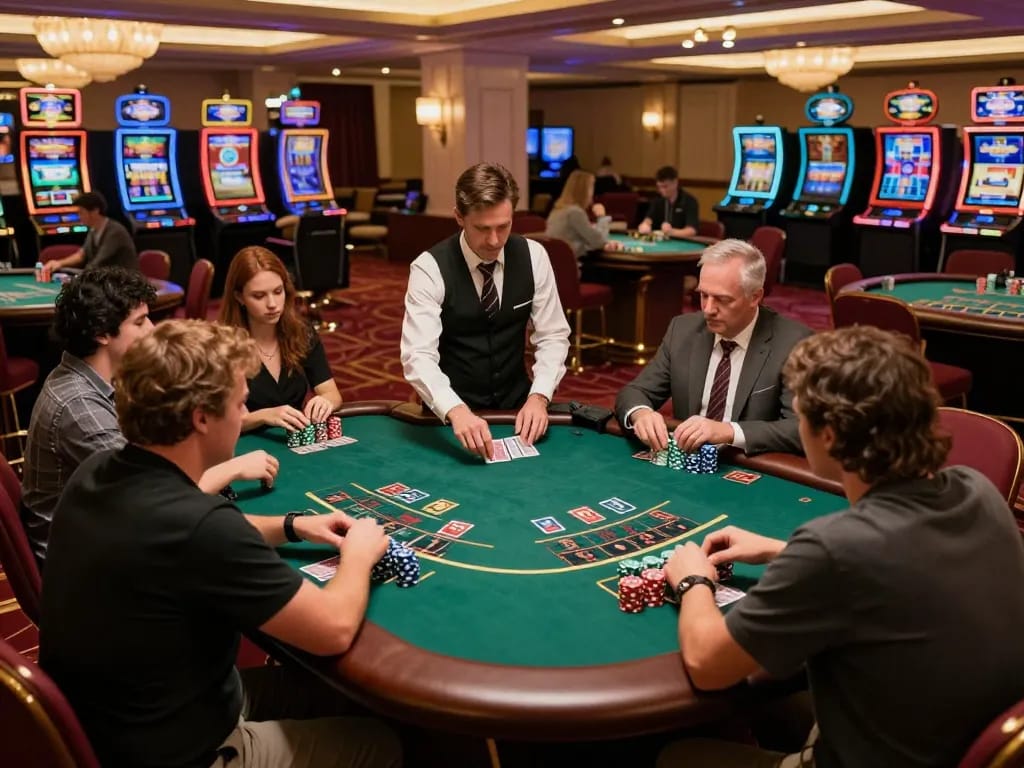 Players engaging in an intense blackjack game at fly88 com's upscale casino, vibrant atmosphere and dealer action.