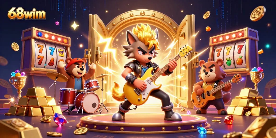 Experience the thrill of 68wim with a 3D rock star wolf and vibrant casino elements in action.