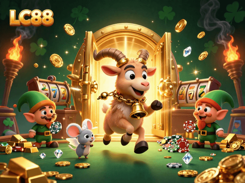 Experience exciting wins at LC88 with festive casino chaos in a vibrant 3D casino scene.
