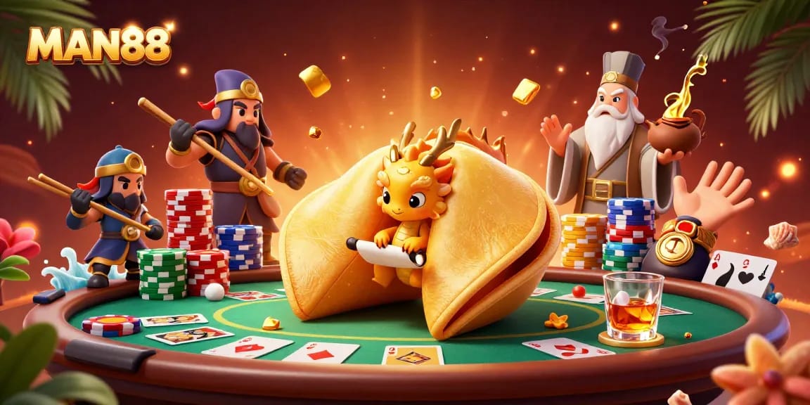 Experience thrilling poker action with MAN88 in a vibrant 3D casino scene filled with excitement.