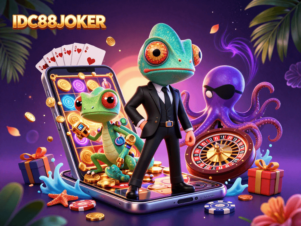 Engage in thrilling gameplay with IDC88JOKER's vibrant casino scene featuring dynamic characters and exciting game elements.