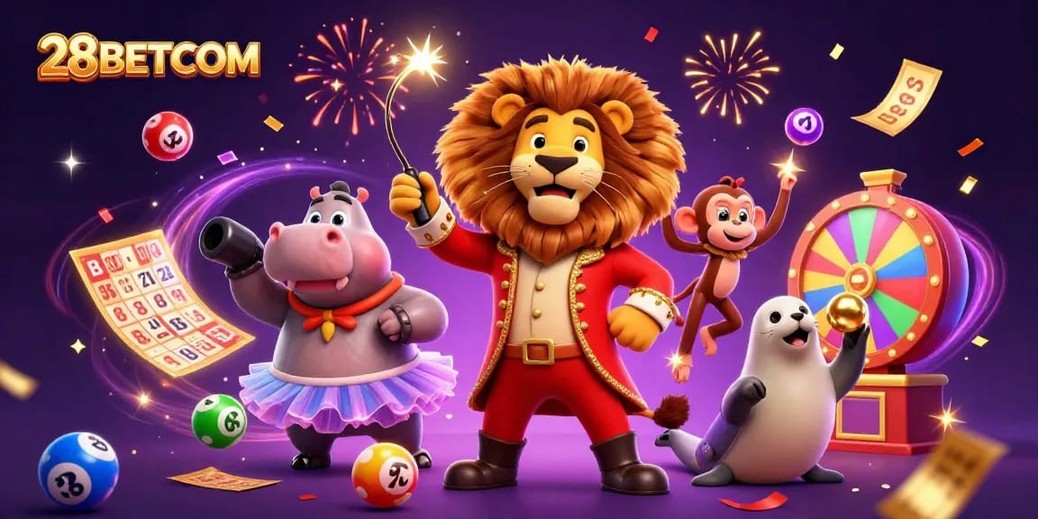Engaging scene showcasing 28BETCOM with animated characters in a vibrant casino setting.