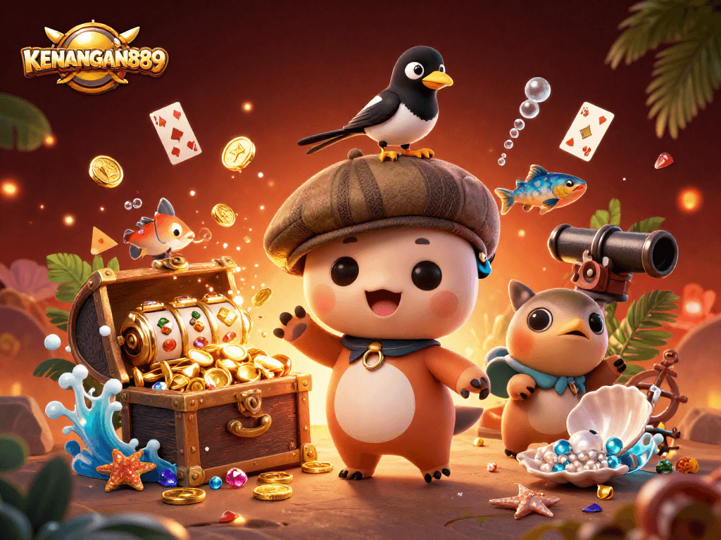 Play exciting slots with KENANGAN889 in a vibrant, animated underwater casino scene.