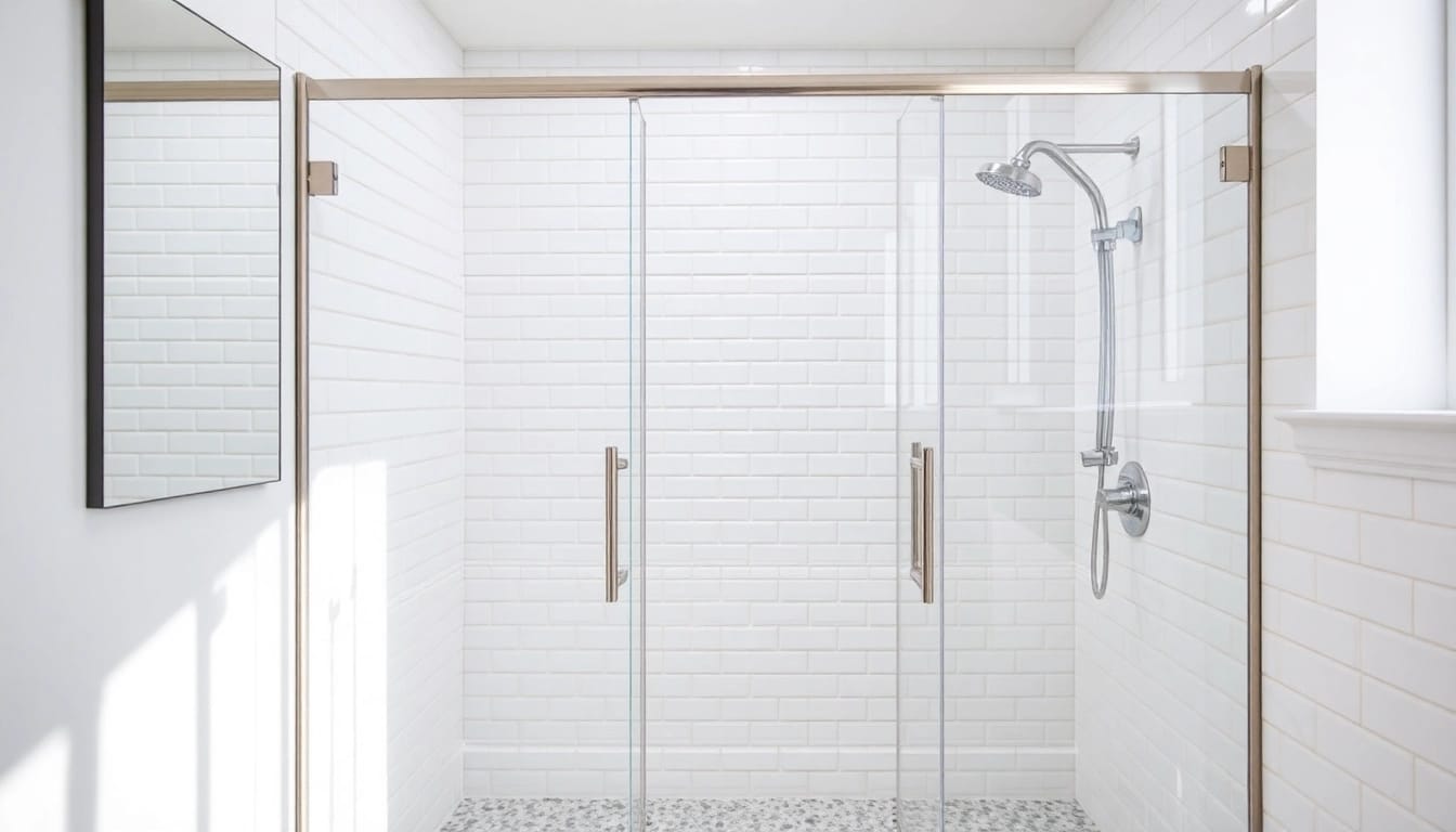 Showcases semi-frameless shower screens in a stylish bathroom with modern fixtures.
