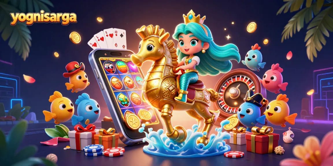 Win big with yognisarga as a mermaid princess and seahorse celebrate casino games!