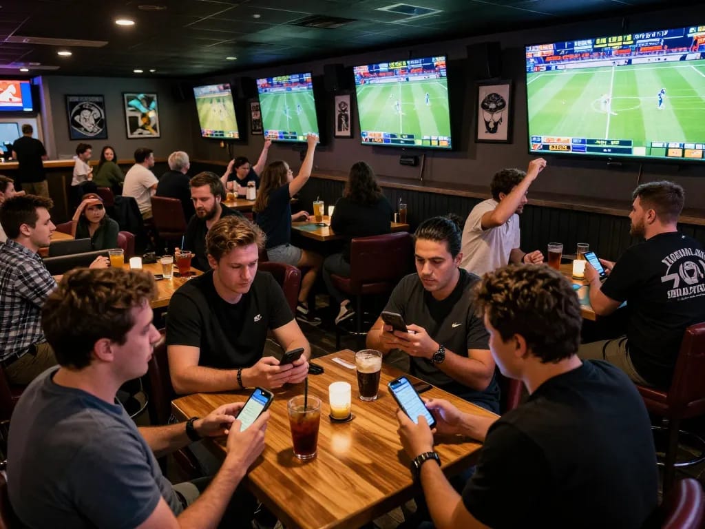Fans engaging with keonhacai betting apps while watching live sports events in a lively bar.