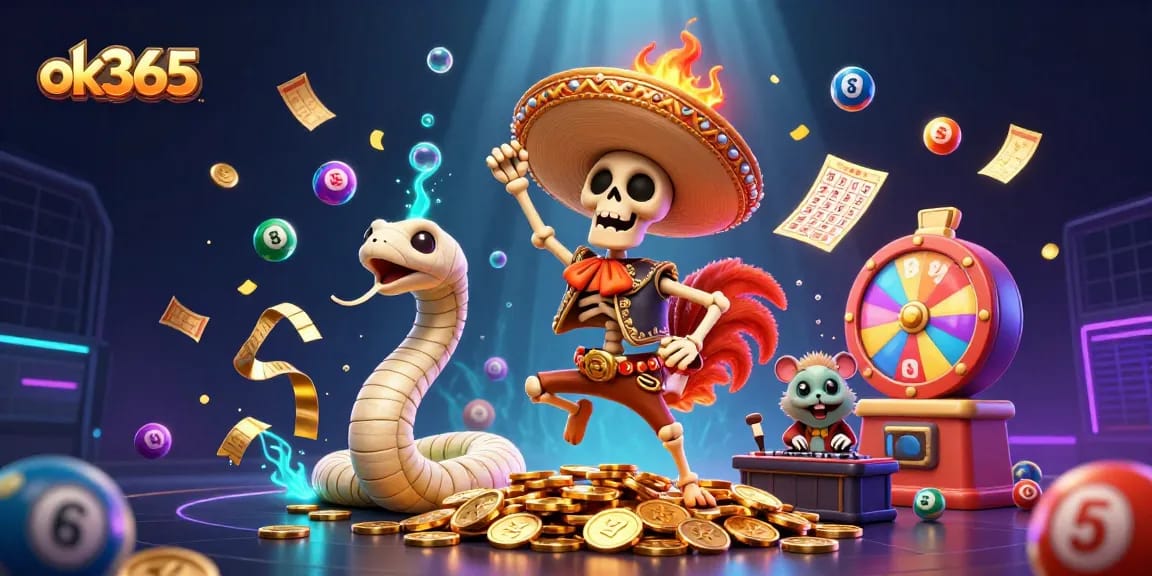 Join the celebration at ok365 with a vibrant 3D casino scene bursting with golden coins and colorful lottery balls.