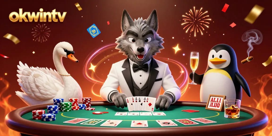 Engaging scene of okwintv with a debonair wolf, swan dealer, and champagne-pouring penguin in a vibrant casino setting.