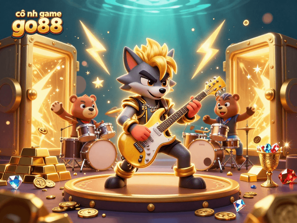Explore exciting wins at cổng game go88 with dynamic characters, treasures, and casino energy in a vibrant illustration.