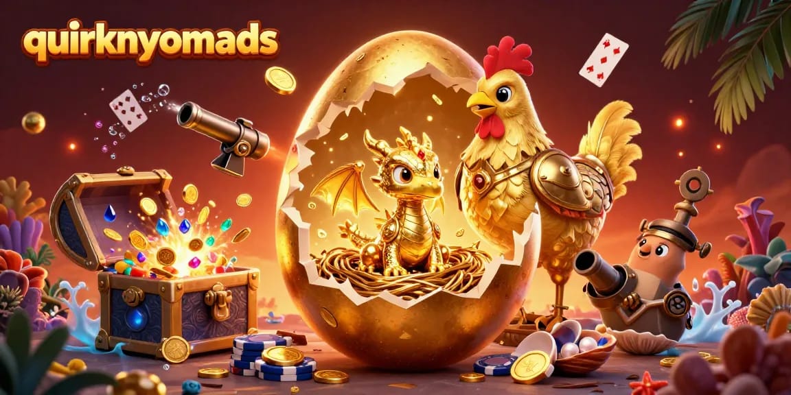 Engage with quirkynomads: A golden dragon over poker chips amid vibrant casino treasures.