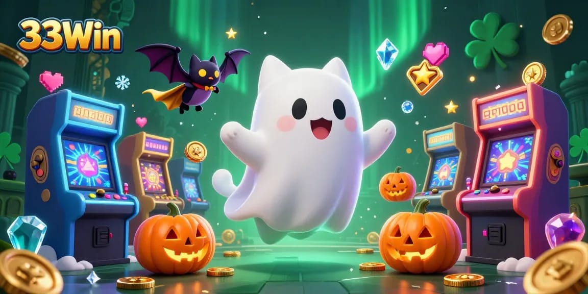 Experience thrilling casino adventures with 33Win featuring ghost cat and vampire bat in a vibrant gaming scene.