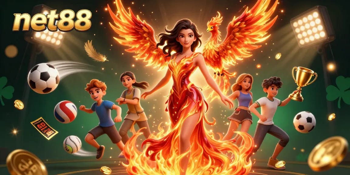 Bet on net88 with excitement, featuring a dazzling Asian woman amidst dynamic sports elements and magical effects.