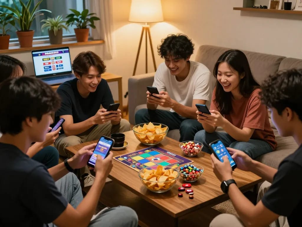 Friends enjoying slot hoki games together in a cozy living room setting.