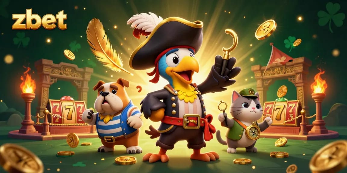 Zbet showcases a vibrant online casino scene with a pirate parrot commanding excitement amidst slot reels and golden tokens.