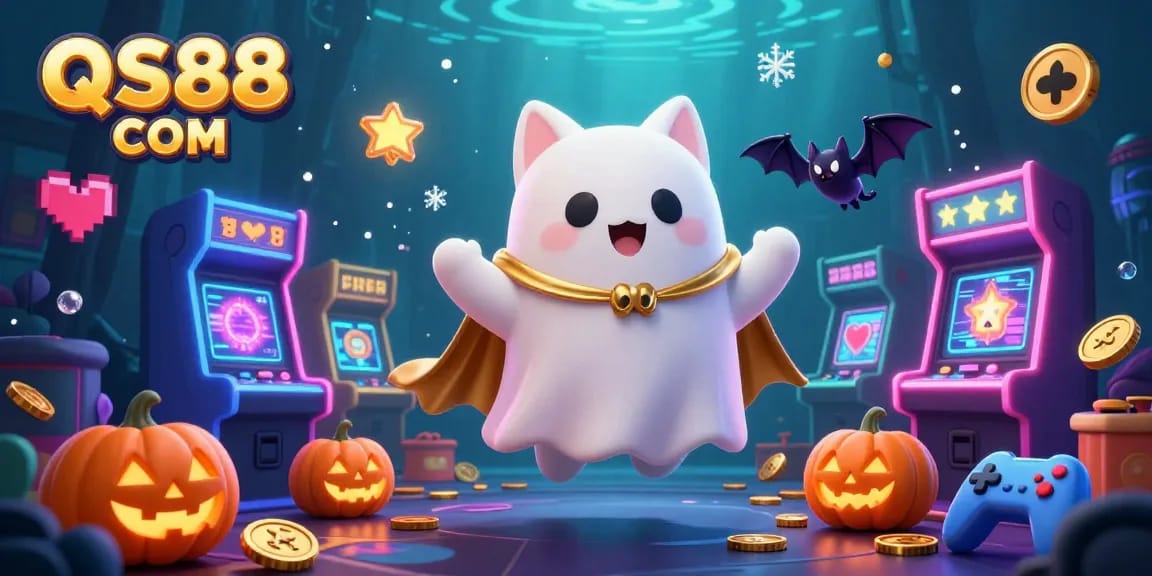 Win big with QS88 COM as a friendly ghost cat and bat explore a haunted casino full of games.