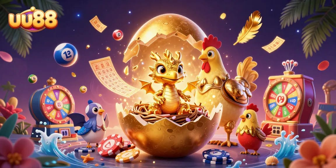 Experience the excitement of uu88 with a golden dragon guarding poker chips in a vibrant casino atmosphere.