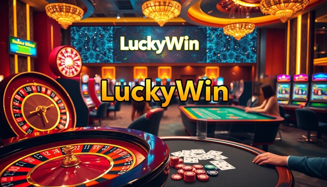 LuckyWin casino scene showcasing vibrant roulette and slot machines for an exciting gambling experience.