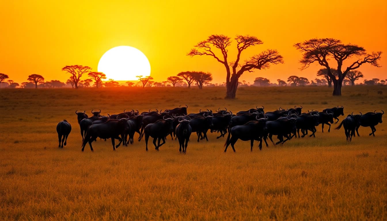 Wildebeest migration safari capturing a herd crossing the savanna during sunset.