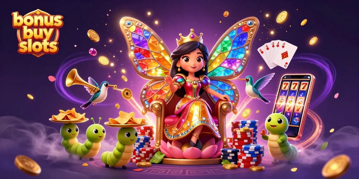Experience the thrill with bonus buy slots featuring vibrant characters, spinning reels, and cascading coins.