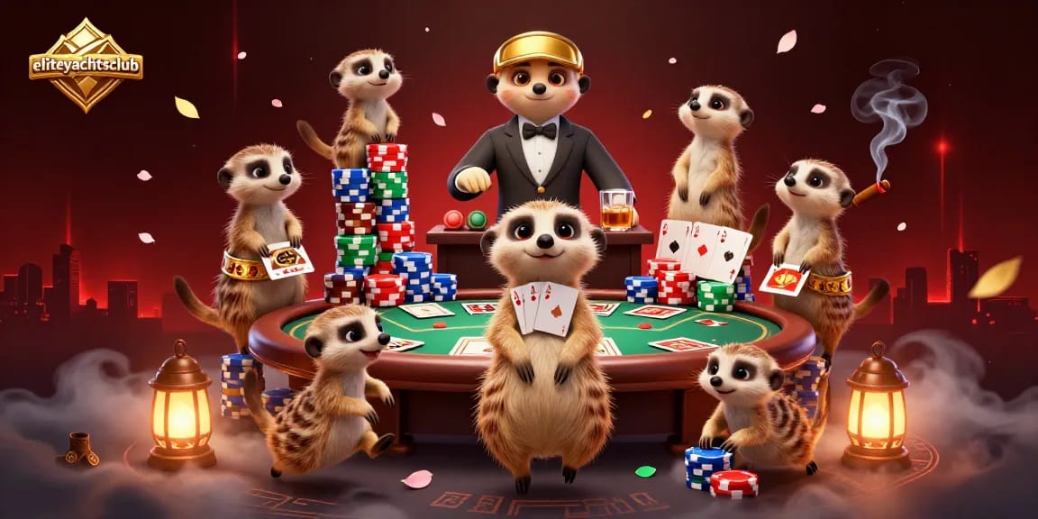 eliteyachtsclub showcases a lively casino scene with meerkats, poker chips, and vibrant atmosphere.