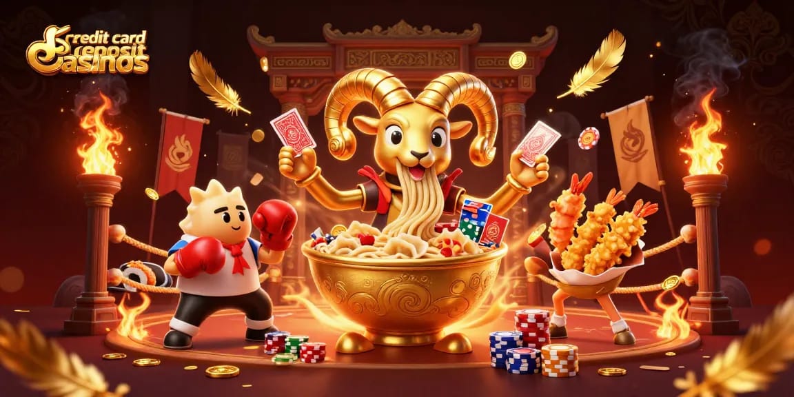 Engage with top credit card deposit casinos featuring animated characters in a vibrant, dynamic casino scene.