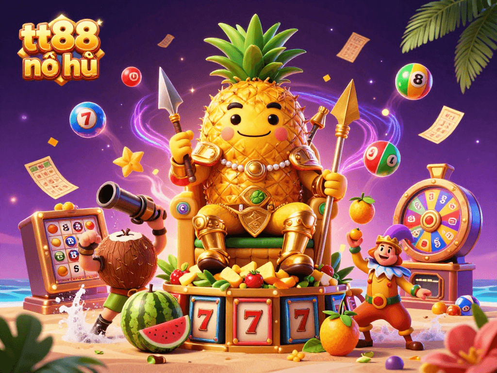 Engage with the tt88 nổ hũ jackpot extravaganza featuring a golden pineapple king amidst vibrant casino elements.