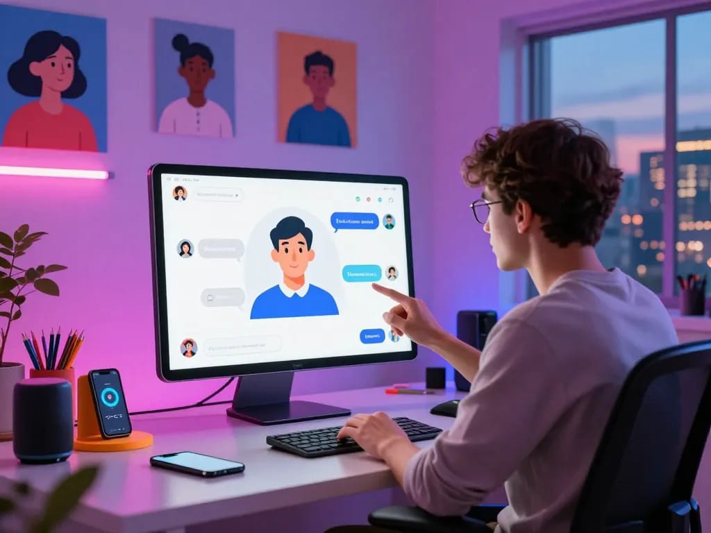 Engaging crushon AI interaction scene with customizable characters in a vibrant digital workspace.